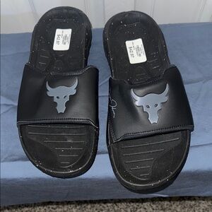 UA Rock Black Slide Sandals with Bull Logo